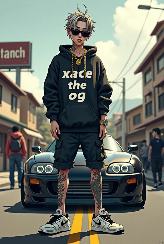 A boy standing in the road, buildings and houses at the bacground, Melamchi written in the bill board, gangster looks, XACE THE OG written in the hoodie, braid hairs with ash colours, white skin colour tone, wearing y2k jorts and sunglasses, leg full of tattoo, smoking, supra mk5 behind him, nike shoes, ice chains arounds neck, iced watch and gold around hand, rings on finger, peoples walking by