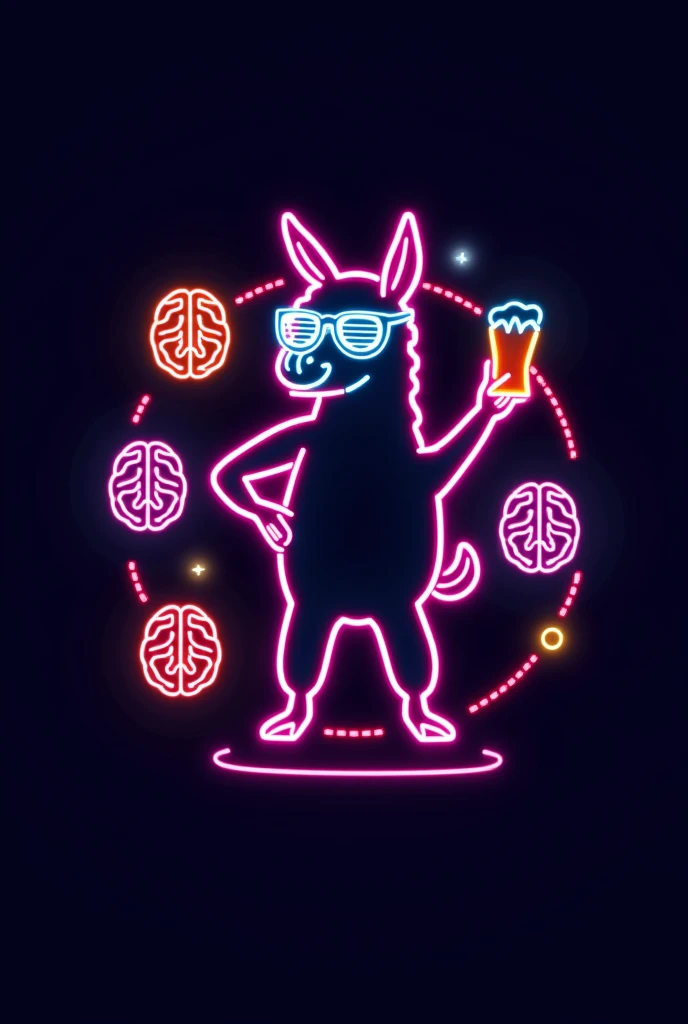 A minimalistic neon-style emblem featuring a llama in 70s, 80s, or 90s fashion, wearing trendy glasses, holding a beer, and dancing. The elephant is outlined with no detailing and surrounded by simple brain icons with neon lines connecting them, suggesting a psychological theme. The design includes plenty of open space for adding large text, set against a dark background for a vibrant, party-ready look.