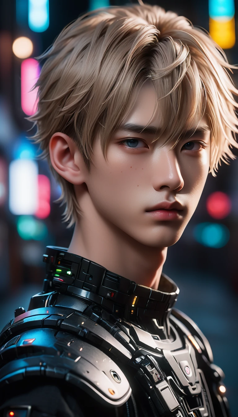 Meticulous, analog style, focus on the eyes, highest quality, (highly detailed skin), very handsome pale-skinned korean boy photo, (cyberpunk), perfect face, (penetration:0.5), black background, (bokeh:0.6) , sharp focus, grainy lighting, (backlight: 0.7), film grain, photographed with Sony A7R IV camera, 18mm F/1.7 cine lens, (highly detailed, intricate details), 8k, HDR, front view, whole body: 6.9 )