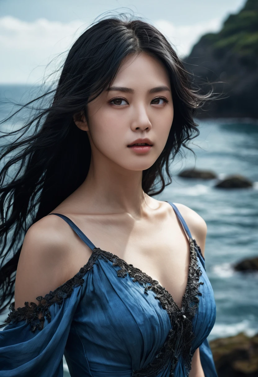 top-quality、beautiful japanese female、Superb view、on a cliff、off-shoulder:1.2、micro bikini:1.2、huge tit、The wind is blowing