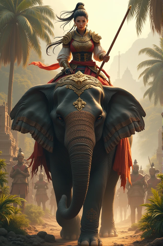 a female asian worrier riding on the head of an elephant during 16th century