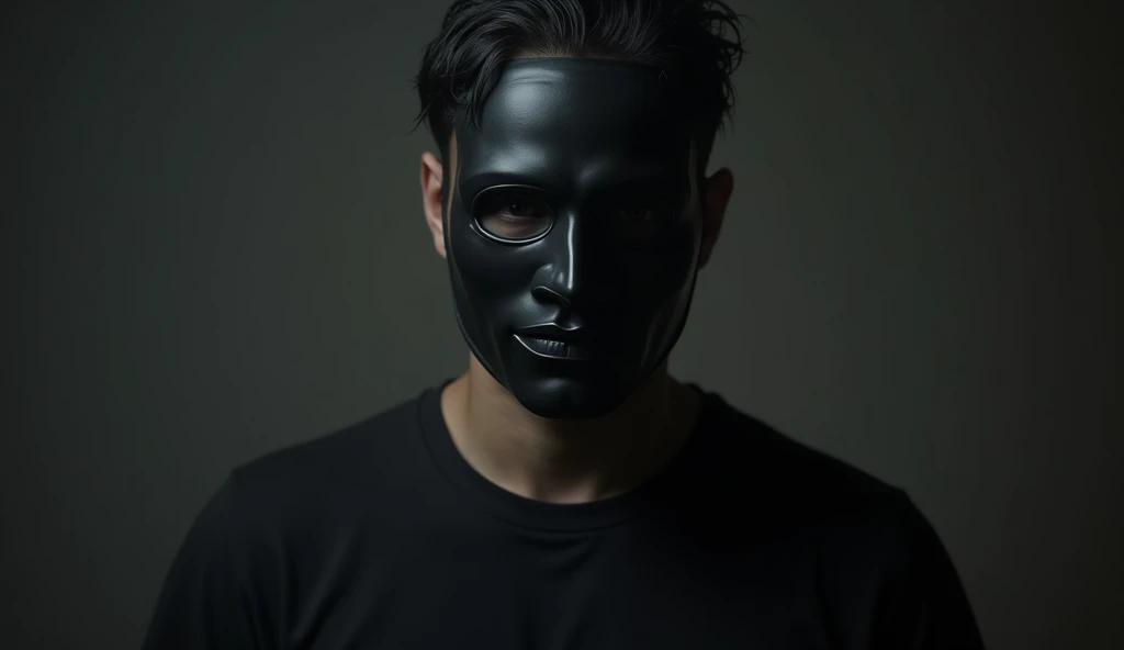 A Indian men wearing mask on the face because he didn't wants to revile own face and he also wear black t-shirt. Short mask use and image some jome. The men is young and his colour is Indian white. Image is some horror and he wearing short mask on the face. 
