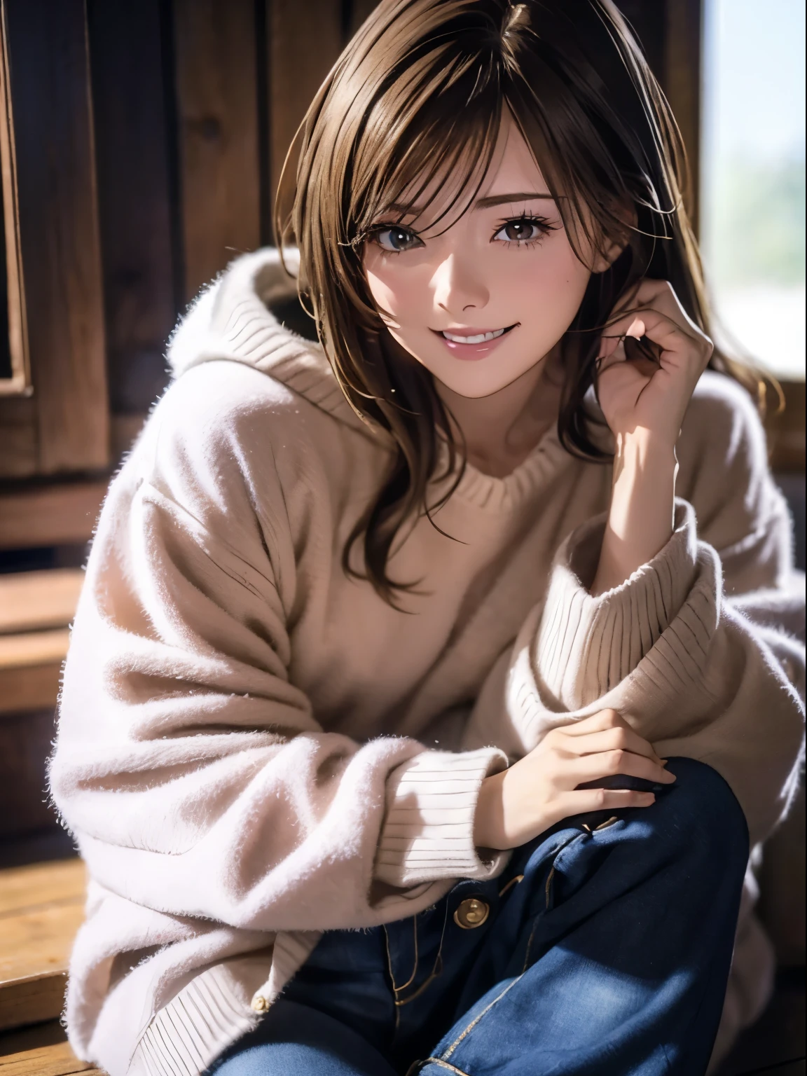 High resolution, 8k, Highest quality, detailed, Semi-realistic anime, Anime 3D Style, Smooth anime CG, One Girl, A 20-year-old Japanese woman, slim, Modeled, Shiny brown hair, detailedな顔, Beautiful and detailed, Glowing Skin, Hard Focus、Film Grain, Soft lighting, Looking at the audience, Laughter, (Woman wearing fleece and jeans), In front of the fireplace in the mountain hut、A warm living room surrounded by wooden furniture