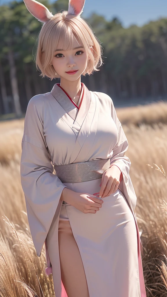 (Ultra high definition,Very sophisticated,Perfect Face,Age is 16,Highest quality,Realistic raw texture,Realistic,Natural smile,Pink platinum blonde,Sexy hairstyle:1.5),(Slender and exquisite physique,Stylish thin eyebrows,Big Breasts:1.2),(see through,Japanese clothing,Hanbok,Chinese clothing,Traditional Kimono,Short-haired rabbit ears,I can see your chest:1.4),(perfect body,perfect proportion,The torso is short,Red full moon and silver grass background,Time: Night:1.3),