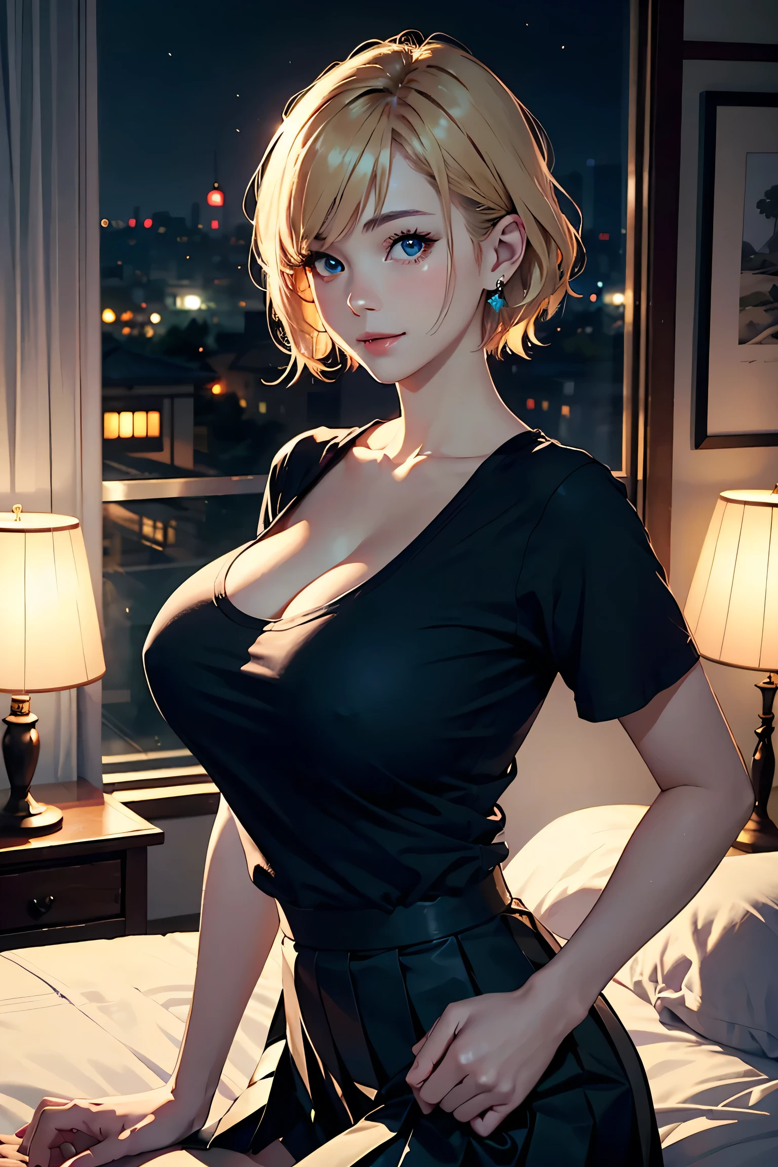 (masterpiece:1.2, Highest quality), (Realistic photos), Beautiful illustrations, (Natural side lighting, Cinema lighting),(1 person), Japanese, 20-year-old female, Perfect Face, Symmetrical cute face, Glowing Skin、Blonde Short Hair、Dark blue eyes, (Huge breasts:1.2), Slender build、Earrings、Beautiful Hair, Beautiful Face, Fine and beautiful eyes, Beautiful body, Beautiful breasts,(Black T-shirt、Pleated skirt)、smile、Blushing、whole body、Bedroom、Night view
