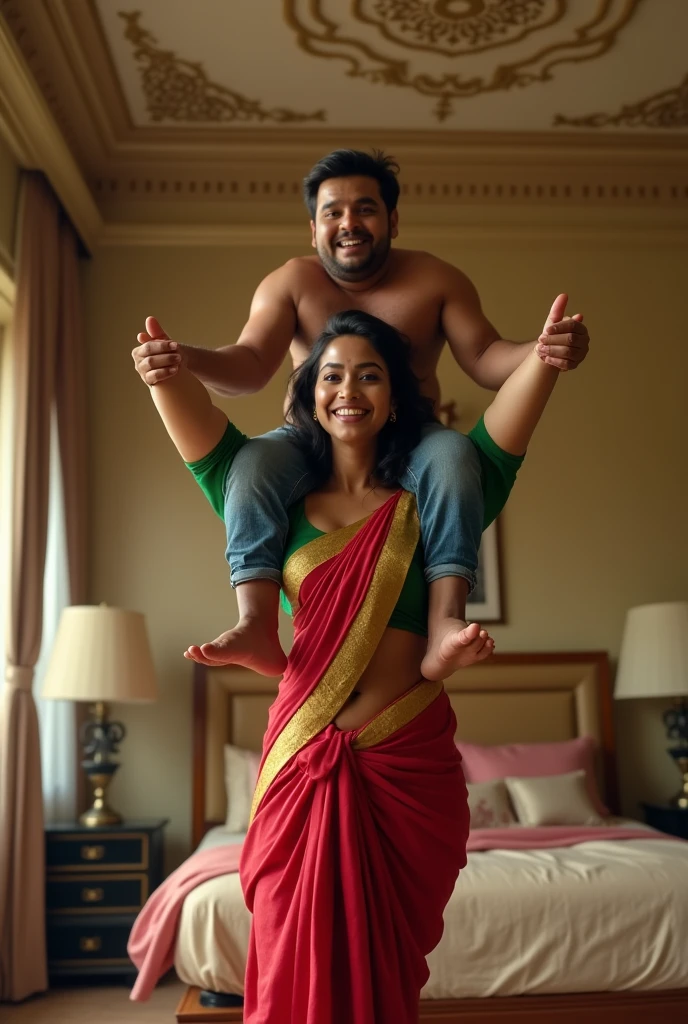 Beautiful and Slim Indian woman in green blouse red saree lifting a large chubby man above her shoulders, man is sitting on woman's shoulders, in a bedroom with high ceiling, natural smile, woman is looking into the camera , full body image