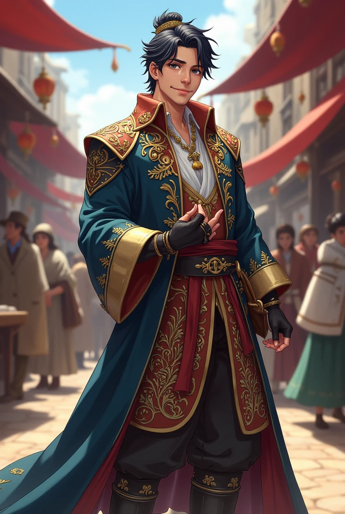 anime character man in medieval era using a merchant costume in marketplace