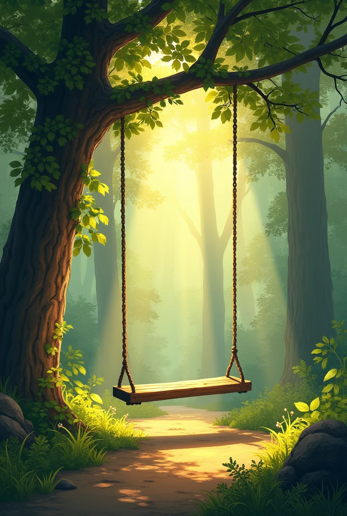 forest,Light shines through,Wooden swing,relaxing environment, 4k HD,, Beautiful art UHD 4K, Beautiful art illustration, Beautiful digital painting, Highly detailed digital painting, Beautiful digital art, Detailed painting 4k, Highly detailed digital painting, rich, Picturesque colors, Gorgeous numbers, Not human