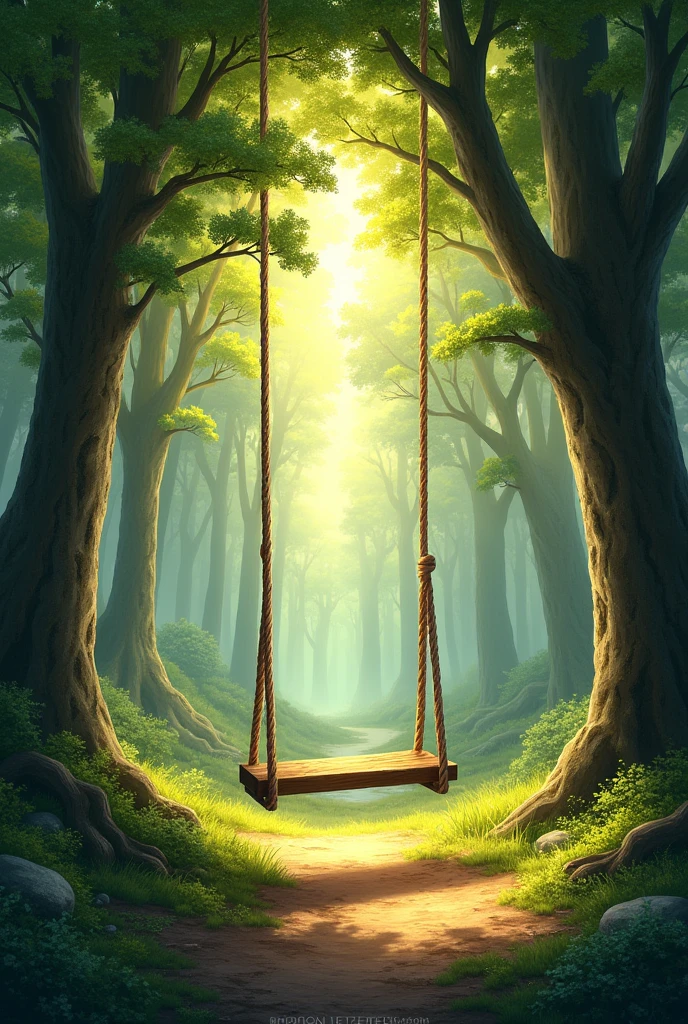 forest,Light shines through,Wooden swing,relaxing environment, 4k HD,, Beautiful art UHD 4K, Beautiful art illustration, Beautiful digital painting, Highly detailed digital painting, Beautiful digital art, Detailed painting 4k, Highly detailed digital painting, rich, Picturesque colors, Gorgeous numbers, Not human