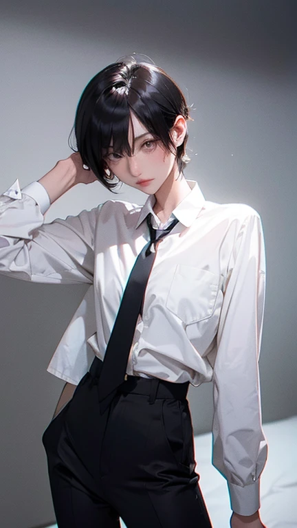 older sister、cool、slender、Black Hair,、Short Hair、In a suit、pants、