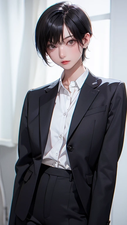 older sister、cool、slender、Black Hair,、Short Hair、In a suit、pants、
