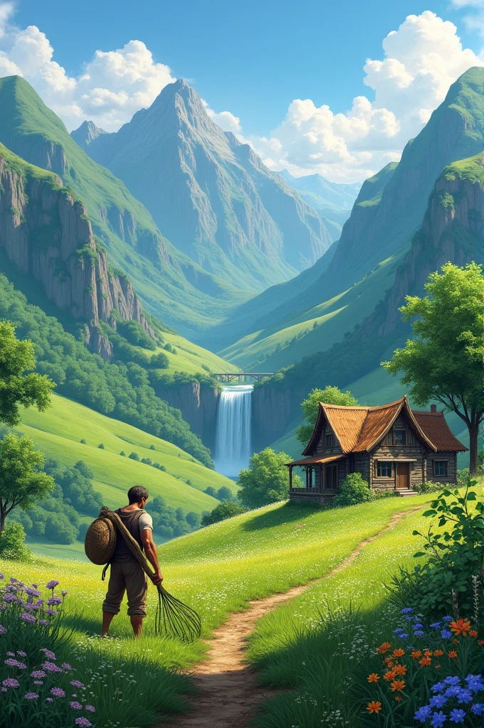 Lush green mountains with small waterfall, rustic stone house, man working the land