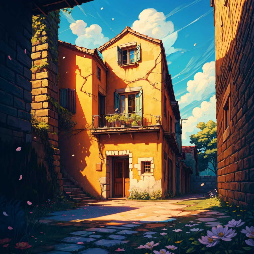 wide vision, big yellow old wall, Crack, Shade of trees, shadow, vivid blue dramatic sky, brick wall, white window, petals floating in the air, atmosphere, day time, Micro landscape, Essential details