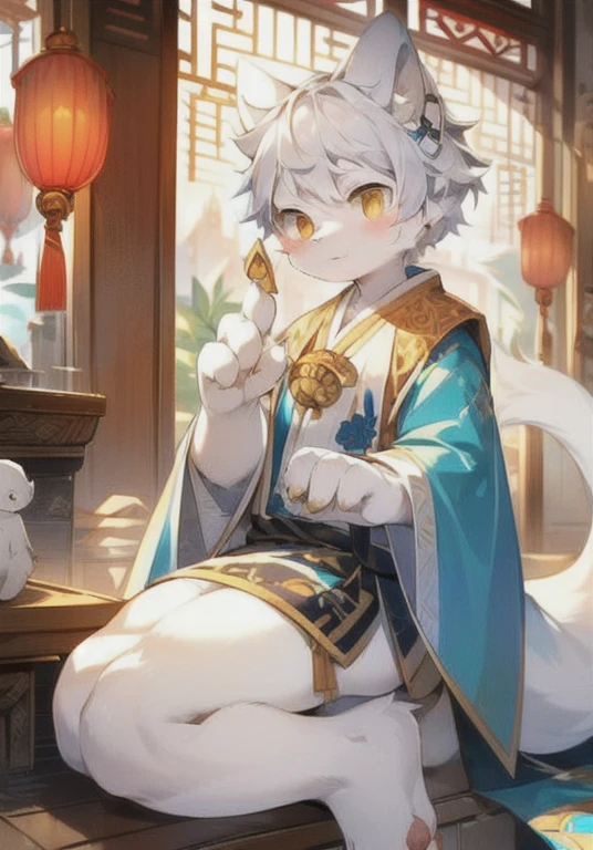 White male cat,boys,Lovely,Silver Hair,Detailed background,,Golden Eyes,Hairy pads,Big furry tail,Blue-white ears,Q version,Orange fur,White fur,Wearing Hanfu,Chinese ancient architecture background