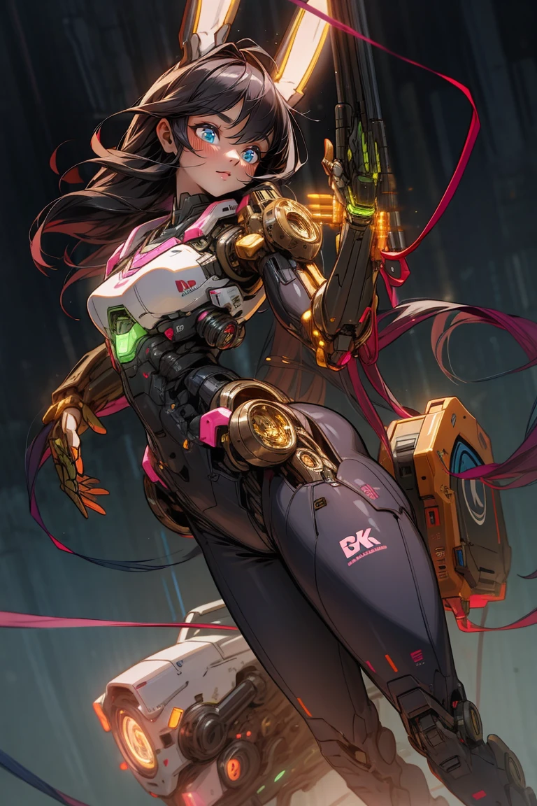 a cute cyborg girl with rabbit ears, beautiful detailed eyes, beautiful detailed lips, extremely detailed face and features, long eyelashes, beautiful fair skin, adorable expression, anime-style, detailed bronze mechanical body parts, intricate cybernetic enhancements, complex circuitry, futuristic setting, glowing neon lights, cinematic lighting, vibrant colors, hyperrealistic, 8k, high quality, masterpiece,full_body