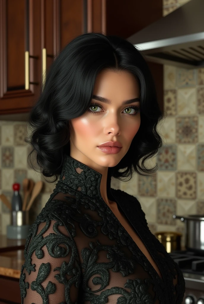 I want an ultra realistic image of a full body woman dressed, with black hair, greeneyes. kitchen in the background composing the image