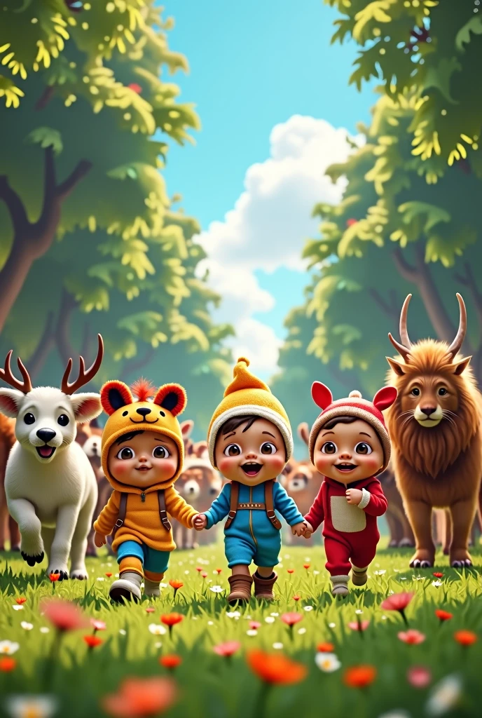 Create a video of babies parading with wild animals 