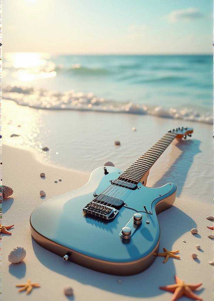 A beautiful electric guitar washed up on a white sand beach、You can see small starfish and shells.、Water's Edge、sparkle、Artwork、top view, high resolution、high quality、