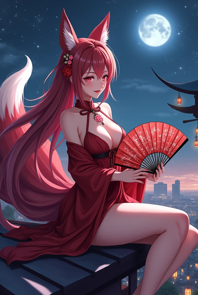 Create a drawing of a female anime character who is a nine-tailed fox spirit., very beautiful face, ghostly smile, shifty, Sharp, wearing red costume, extremely sexy, flower tattoo on chest, behind are nine tails there are nine tails, đang nở ghostly smile, sharp fangs sitting on the roof legs crossed, hand holding an ancient fan with exquisite carvings, looking down at night to see a bustling city with sparkling lights, lanterns all over the sky but not a soul