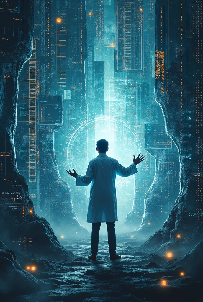 Make a unique image for me WhatsApp, where technology related things come from, database, programming, IA, and mathematical and physical formulas in which a person is handling all that