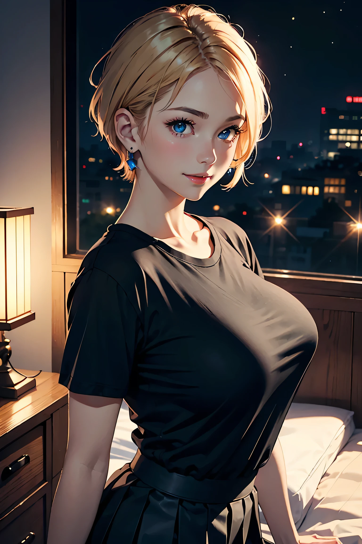 (masterpiece:1.2, Highest quality), (Realistic photos), Beautiful illustrations, (Natural side lighting, Cinema lighting),(1 person), Japanese, 20-year-old female, Perfect Face, Symmetrical cute face, Glowing Skin、Blonde Short Hair、Dark blue eyes, (Huge breasts:1.2), Slender build、Earrings、Beautiful Hair, Beautiful Face, Fine and beautiful eyes, Beautiful body, Beautiful breasts,(Black T-shirt、Pleated skirt)、smile、Blushing、whole body、Bedroom、Night view