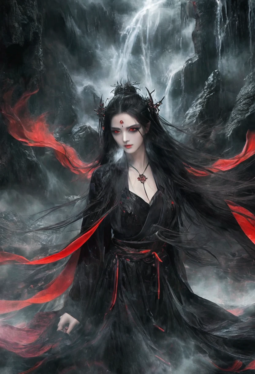 best quality,Extremely detailed,Xianxia,God of Death,Beautiful and delicate eyes,Beautiful and delicate lips,Extremely detailed eyes and face,Flowing long hair,Dark and mysterious atmosphere,Black cape,The red eyes are glowing with a sinister look,The dark sword in hand,A sacred aura emanates from the characters,Martial arts expert,Ancient Chinese Background,Foggy mountains and waterfalls in the background,Mist floating in the air,Dramatic lighting with shadows and highlights,High contrast black and white color scheme,ethereal and otherworldly,A deep and powerful presence,Thunder and lightning in the distant sky,Mythical creatures lurking in the shadows,Majestic and intimidating,Secrets and mysteries hidden in the scenes