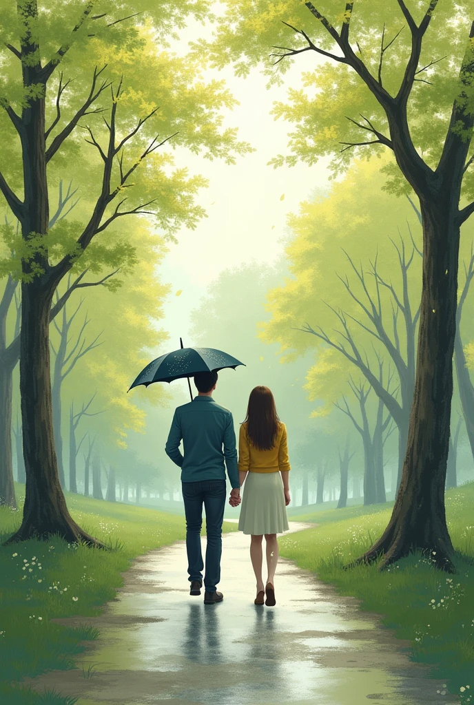 create an image of a couple walking through "Central Park" in New York on a cloudy day with trees in spring weather and they are holding hands and the man is holding an umbrella for his girlfriend, this image will be a t-shirt design