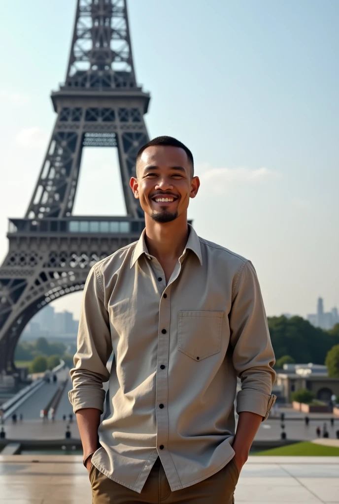 real picture, a man from Indonesia, buzz cut hair with casual clothes and shoes, slightly smiling, Eiffel tower background