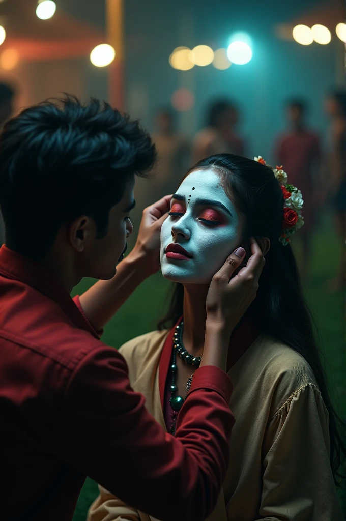 Create an image of a beautiful indian teenage girl with her entire face adorned with white clown makeup, sitting in a chair in an open, damp, grassy, and bit crowded circus parlour lit at night. A male makeup artist carefully applies makeup to her face. The girl's eyes are closed showing her relaxation.