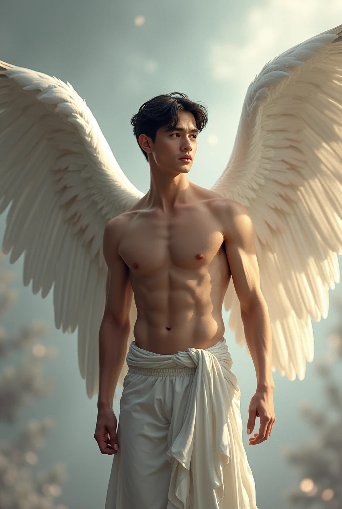 angel man with very large wings, masculine, a younger without so much muscle, black hair