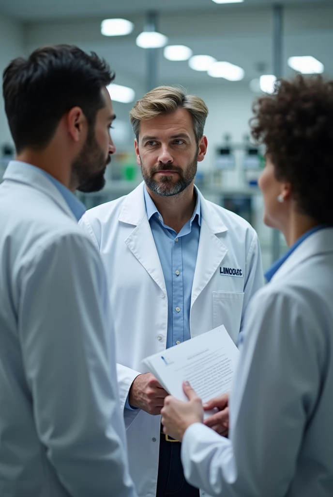 Three people are in the lab standing, all are wearing lab coats. One of them is early 60s woman, blonde short size hair and she is the auditor, holding some documents. One auditee is at early 30s man handsome with dark hair, beard and blue eyes, other auditte is middle early 40s woman with mid sized dark curly hair, hair not binded, she is from europe without African roots. All three's faces are visible and look real people from pictures. They are in a company called Novonesis. They are talking to each other not looking at the camera