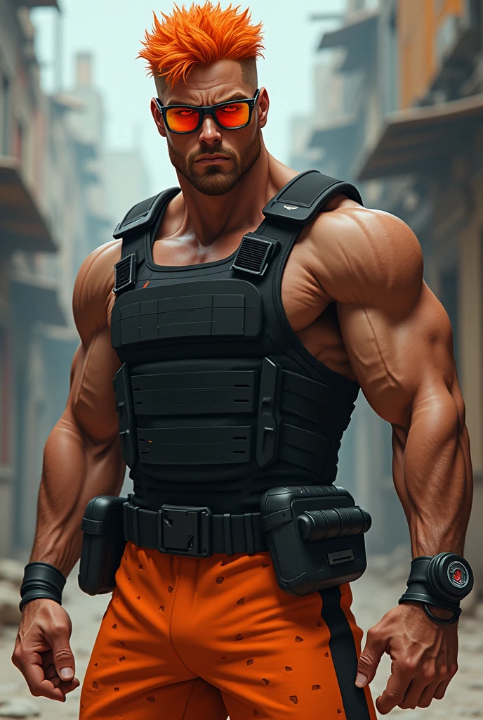 Character Name: [Your Choice]

Gender: Male

Appearance:

Skin Tone: Medium brown (parda)
Hair: Orange
Eyes: Red
Face: Realistic with detailed features
Clothing:

Top: No shirt
Bottoms: Orange shorts with white spots
Body Armor: Solid black ballistic vest
Accessories: Orange-tinted sunglasses
