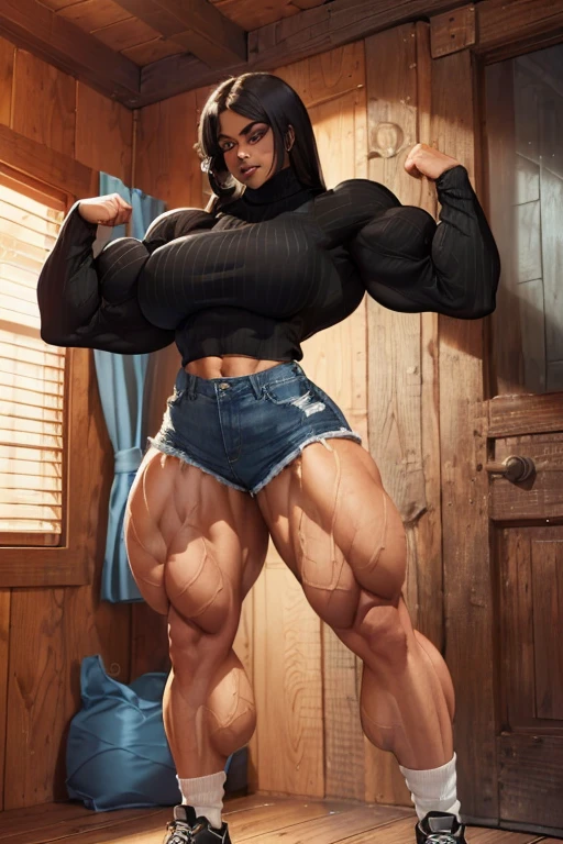 (((((Massive tall beautiful, buff, light brown skinned muscular woman with black hair, black lipstick, ginormous bulky muscles, flexing and wearing a black long sleeve turtleneck sweater and beautiful denim shorts))))), (close view), massive muscles, massive biceps, hyper muscle shoulders, hyper muscle triceps, (long straight hair), orange eyes, (((black long sleeve turtleneck sweater))), ((beautiful denim shorts)), (socks and sneakers), sensual smile, (in a cabin at night), hyper muscles arms, hyper muscle legs, massive arms