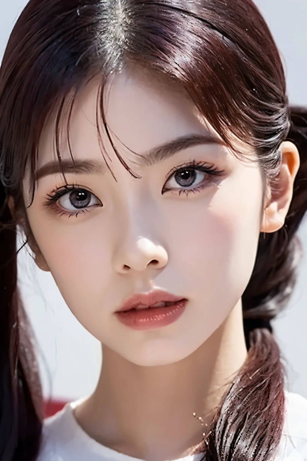 A messy purple-red ponytail parted in the middle、Small face、Thin eyebrows、Large eyes、
