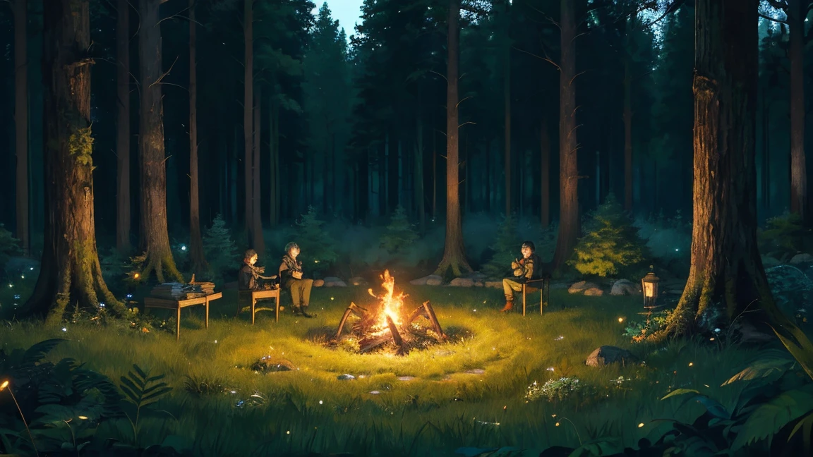 Forest Glade, campfire in a circle of stones, grass bushes, fireflies, fern, night, лес nightю, dark sky and bright moon, (Masterpiece, Best quality), knight green forest illustration, volumetric lighting, Moonlight, ray tracing, Resolution 8K, gothic aesthetics, bottom view