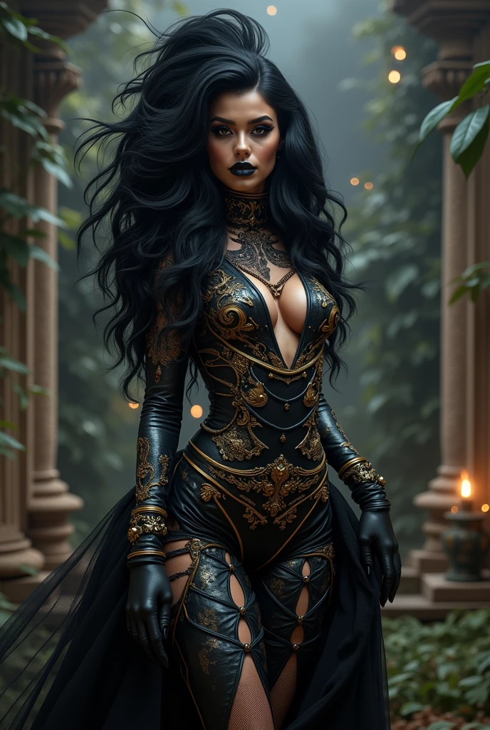 body Dragqueen in rococo punk costume wearing rococo punk outfit, black long hair, black eyes, black lipstick lips,g rococo punk fantasy style, (rock punk), rock punk beautiful goddess, rock punk girl, rock punk inventor girl, metal rock punk, Set in a rock punk world, dark rock punk concept