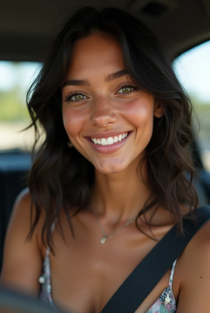 Jeune femme, 25 ans, espagnole portugaise, 1m60, le corps mince, magnifique visage, peau matte et bronzée, cheveux châtains foncé et ondulés avec du volume, yeux en amandes de couleur verts gris, souriante avec les dents ultra blanches, lèvres pulpeuses, beaucoup de charme, naturelle, résolution 4K, ultra réaliste, en voiture
