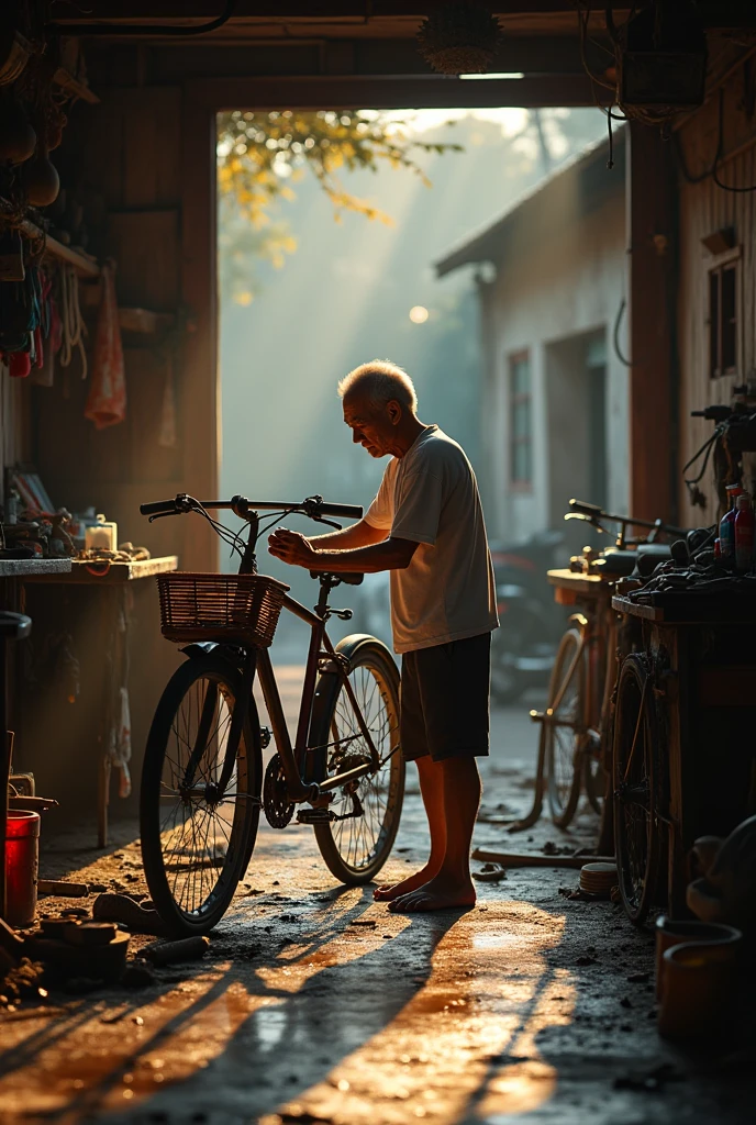 (Photorealism 1.2) high detailed definition cinematic cinematography old Chinese man wearing white t-shirt short trousers repairing bicycle at old rusty wood outsideworkshop roadsidehand oily floor wet and oil bicycle part and repairing tools morning mode sunlight silhouette