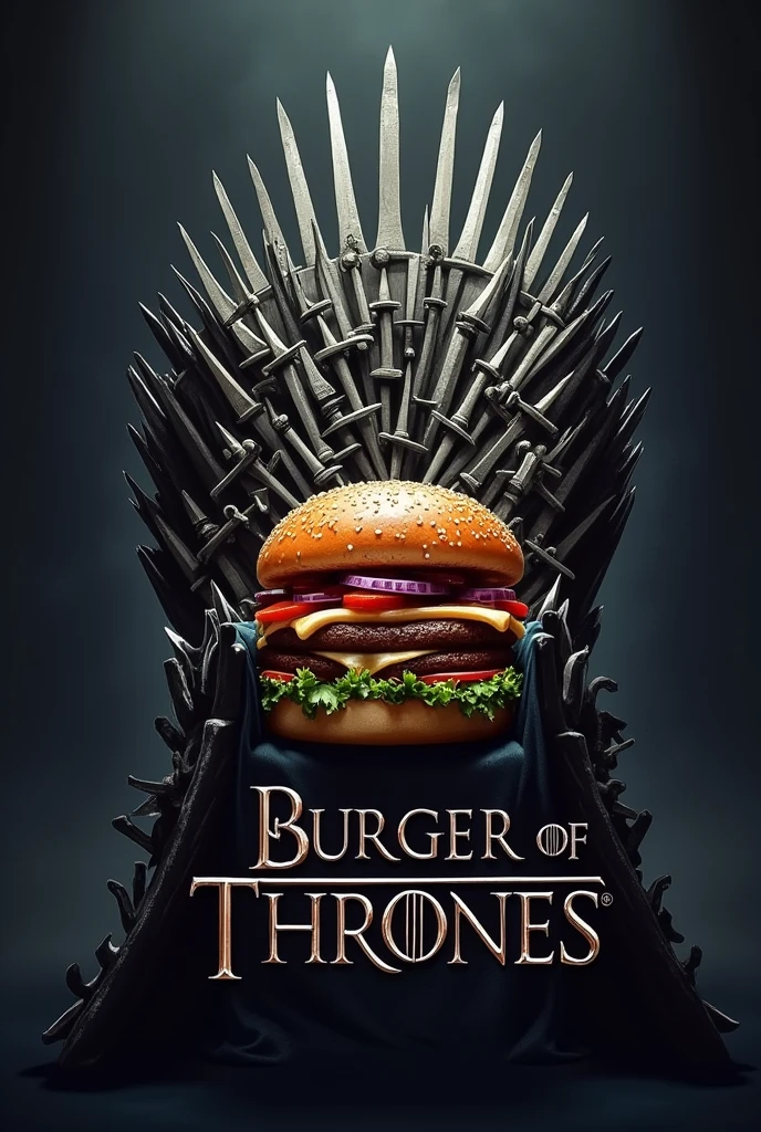 create a round logo with the name burger of thrones, with the GOT theme, a burger sitting on the iron throne and with the series' font