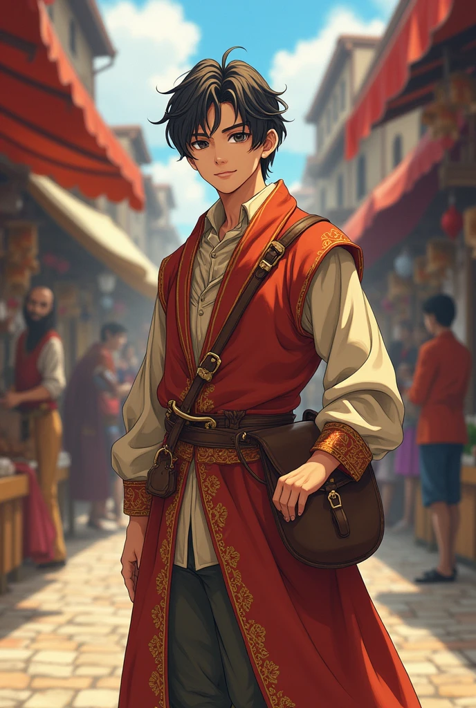 anime character man in medieval era using a merchant european costume in marketplace