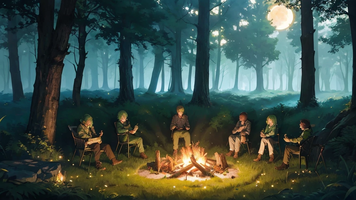 Forest Glade, campfire in a circle of stones, grass bushes, fireflies, fern, night, лес nightю, dark sky and bright moon, (Masterpiece, Best quality), knight green forest illustration, volumetric lighting, ray tracing, Resolution 8K, gothic aesthetics, bottom view