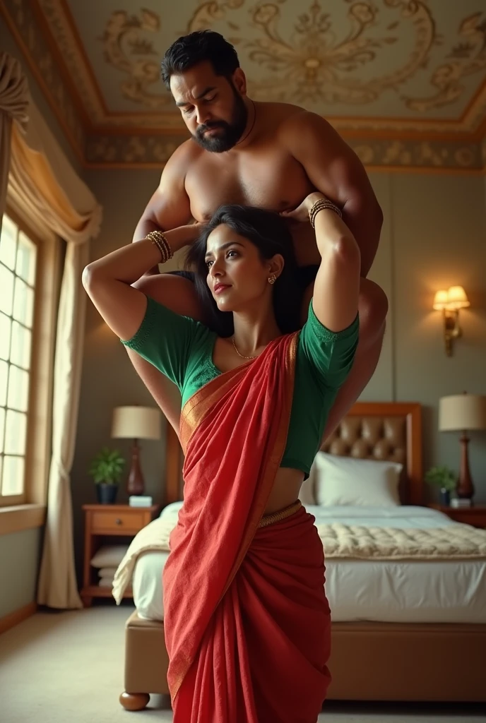 Beautiful and Slim Indian woman in green blouse red saree lifting a large chubby man above her shoulders, man is sitting on woman's shoulders, in a bedroom with high ceiling, natural smile, woman is looking into the camera , full body image