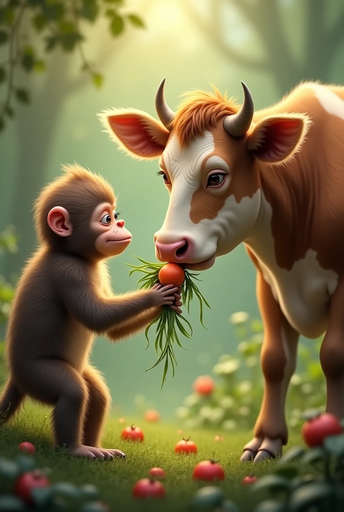 গরু তার নিজের খাবার (ঘাস বা ফল) বানরকে খাইয়ে দিচ্ছে। বানর কৃতজ্ঞতাপূর্ণ চেহারা নিয়ে খাবার গ্রহণ করছে। এমন পিক তৈরি করে দাও