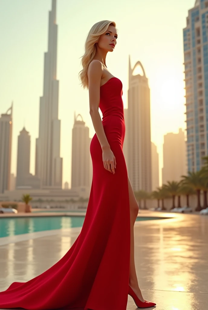 Créer une image d'une femme blonde avec des traits distincts d'une intelligence artificielle, portant une robe rouge élégante et des talons hauts. Elle se tient dans un cadre moderne à Dubaï, entourée de l'architecture emblématique de la ville, comme le Burj Khalifa et d'autres gratte-ciel en arrière-plan. Le ciel est clair et lumineux, et la lumière du soleil illumine la scène, mettant en valeur la couleur vive de sa robe. La femme a une posture confiante et gracieuse, avec un léger sourire, regardant l'horizon avec détermination, incarnant à la fois l'élégance et l'innovation.