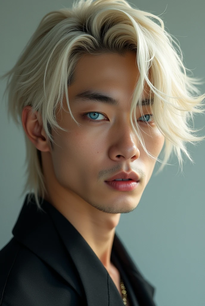 Handsome Chinese guy with blue eyes and middle long blonde hair white skin