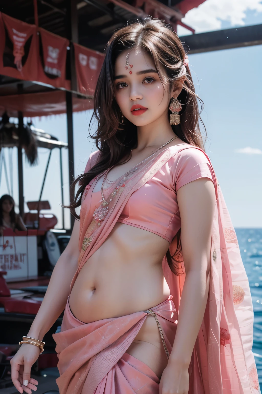 (Wearing pink Indian saree), Very cute and -like face, Power puff girl, Naked, Angry pose, Angry face, (((BROWN LONG HAIR MALAY GIRL))), masutepiece, High quality, UHD 45K, Realistic face, Realistic skin feeling , A Japanese Lady, , , Very cute and babye face, (((FLAT CHEST))), (MATRIX WORLD), ((look In front  at the camera and SADNESS)), (((PINK SAREE))), (((CUTE GIRL))), ((RED LIPS)), ((NUDE)),  ((CHUBBY)), ((INDIAN SAREE)). Working on an oil rig in the middle of the sea 