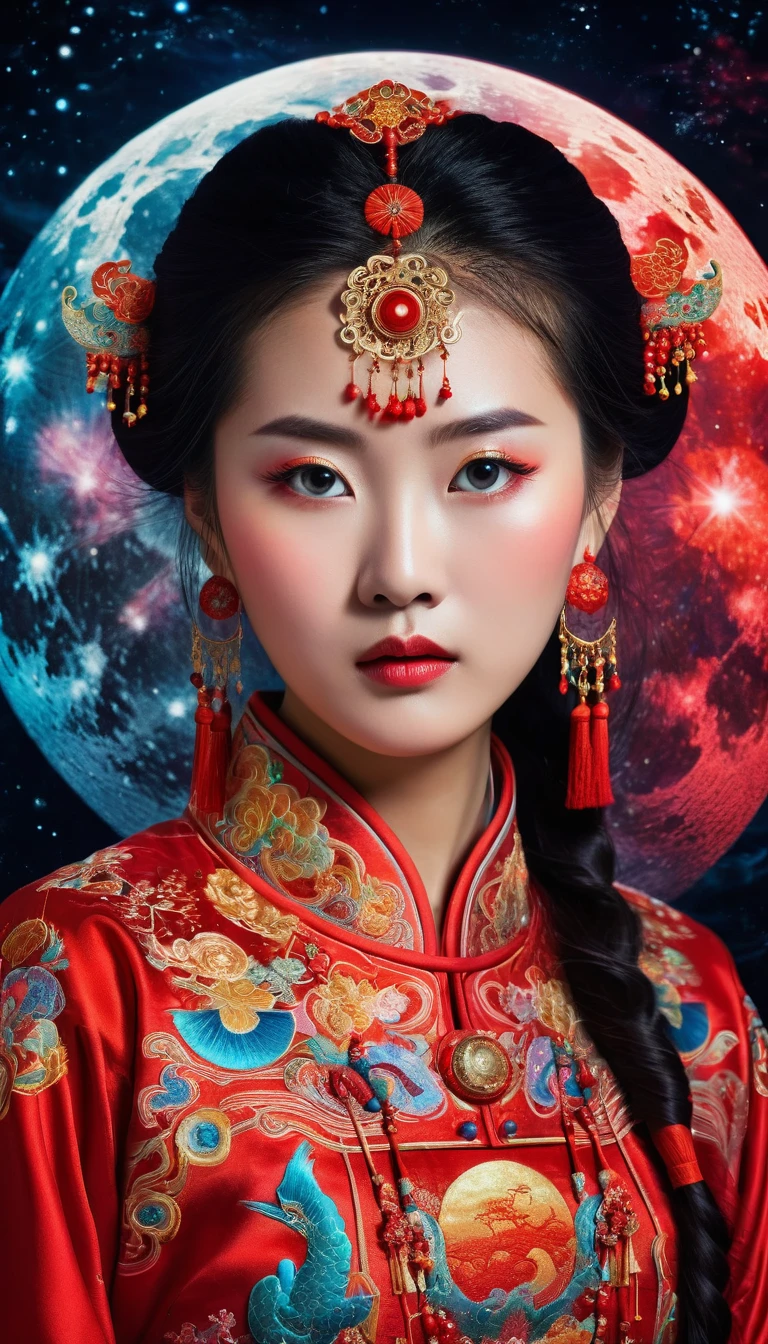 Beautiful moon goddess, extremely beautiful asian young girl, wearing red ancient chinese costume embroidered with colorful brocade, haunted face anxious, the background is stuck in a time vortex on the moon. Her multiple spectral images overlap each other. Ethereal, dreamy quality. Cosmic background. Digital art style, high contrast.