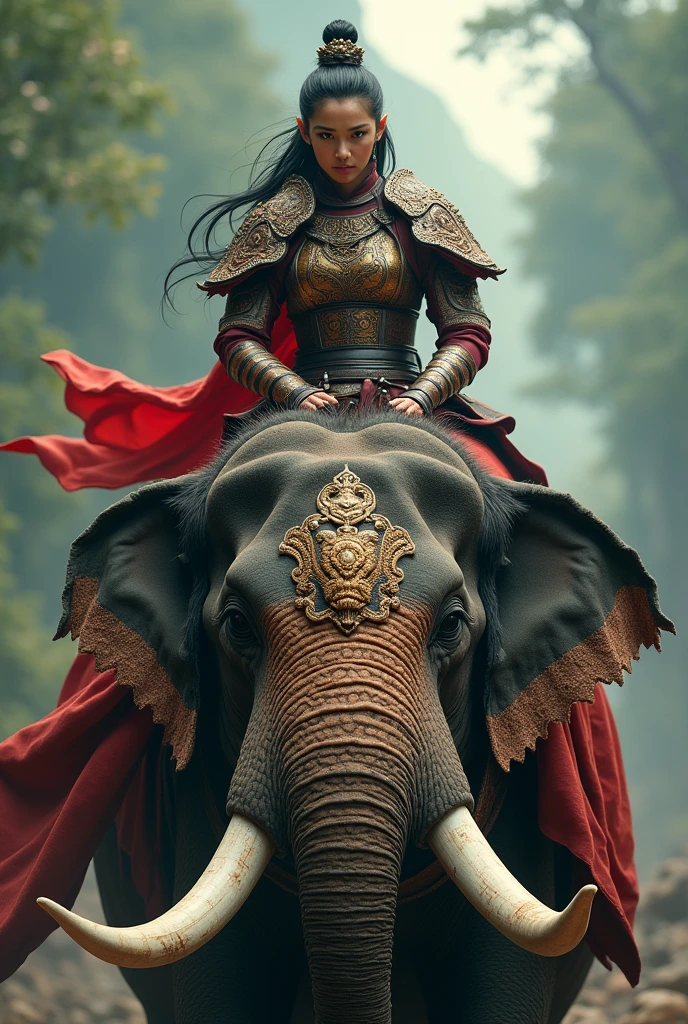 a female asian worrier riding on the head of an elephant during 16th century with some motions of her hands and legs