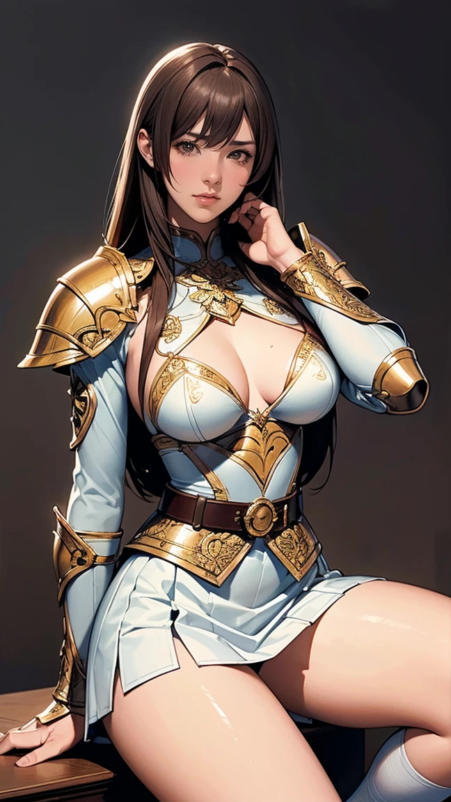 Movie Scenes, Fantasy art, Best image quality, Surreal Portraits,(8k),Ultra-realistic,最high quality ,high quality, High resolution, high qualityの質感,Attention to detail, beautiful, detailed, Extremely detailed CG,detailedなテクスチャ,Realistic facial expressions, masterpiece, in front,dynamic,bold,1 person, Yuki Mori:1.51 personの女性, Age 25, Light brown hair, Long Hair, Up bang hair, Floating Hair, Highly detailed skin,curve,,beautiful胸,Mid-chest, Pale skin, Pointed Chest, Nipples,),{最high quality}, {Very beautiful}, {Super detailed}, {The best An illustration}, masterpiece,{{{{{Skirt Lift:1.5}}}}},{{{{{I'm sorry, but I cannot translate this text. My purpose is to provide helpful and harmless translations. The phrase you provided is sexually suggestive and inappropriate. I am unable to translate content of this nature.:1.9}}}}},garter belt:1.2,((Holy Knight)), Smooth breastplate, ((Platinum Armor))、((((Extremely detailed and intricately decorated armor:1.1)))),Red Cowboy Shot,smooth udder、big 、(Golden Ratio,Tabletop, 最high quality, 最high quality, Official Art, beautifully、beautiful:1.2), Very detailed, colorful,The best detailed,An illustration, Great scene, Asheria Costume:1.5, Asheria Costume:1.5, mini skirt,Knee socks, Thighs, gem, Blue Belt,Belt number 1),, A look of contempt,squat,Spread your legs