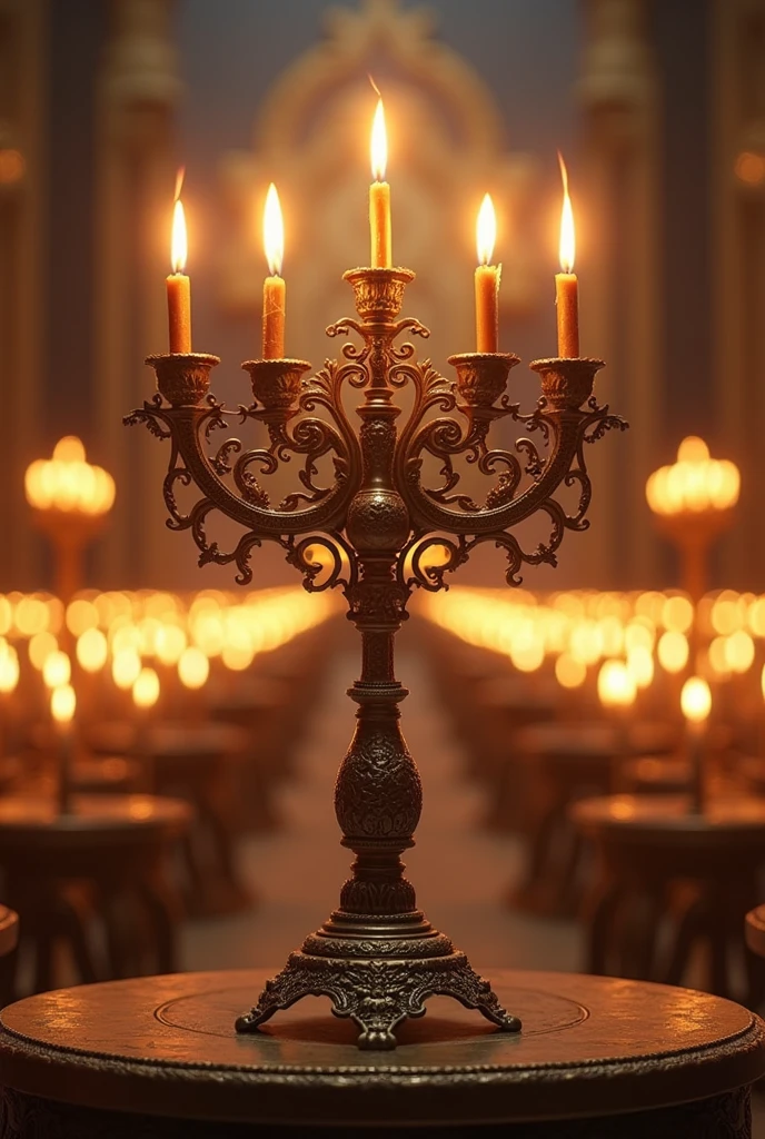 Create a horizontal image of a Jewish tabernacle candelabra with many small candelabras in the background 